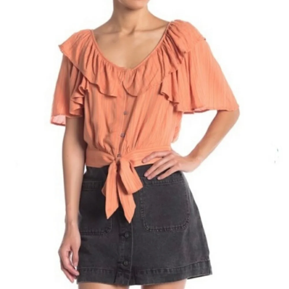 FREE PEOPLE Rosemary Ruffle Peasant Boho Tie Front Top Coral Stripe NWT